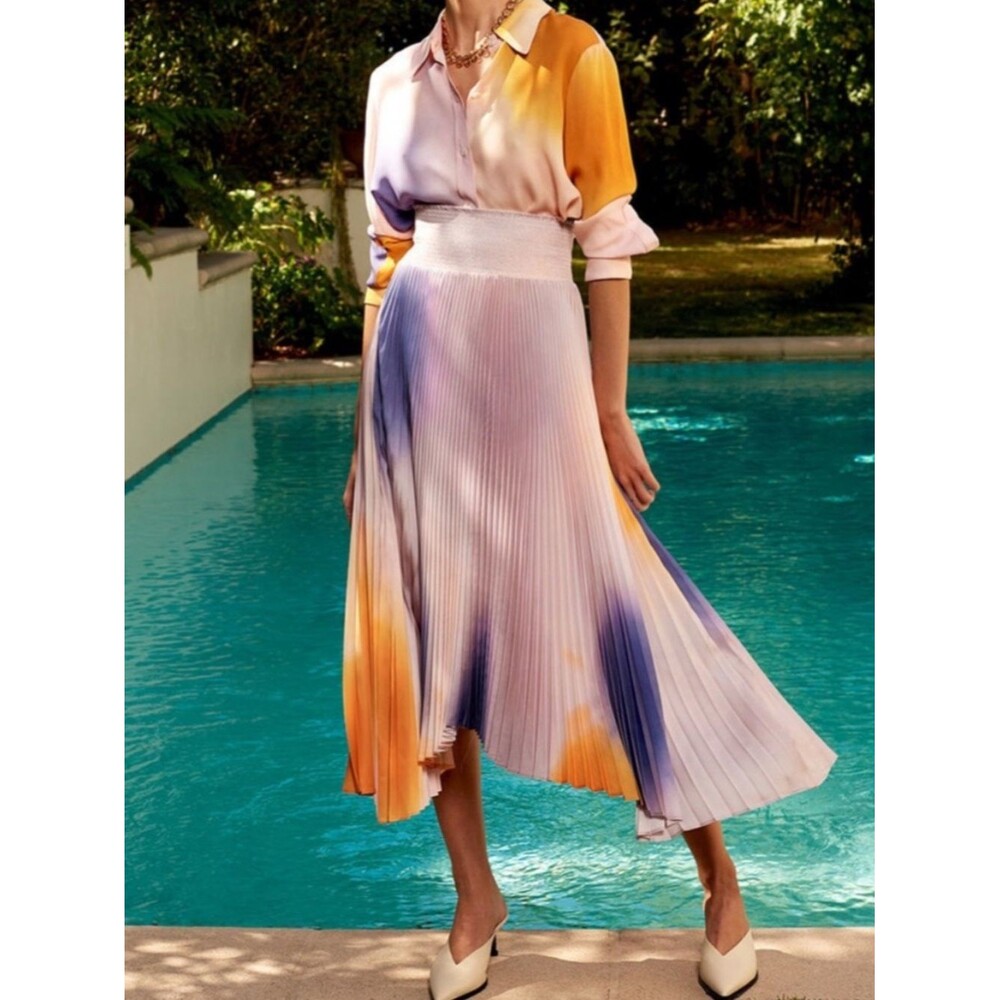 A.L.C. Solani Skirt Pleated Tie-Dye Orange Blue SZ M